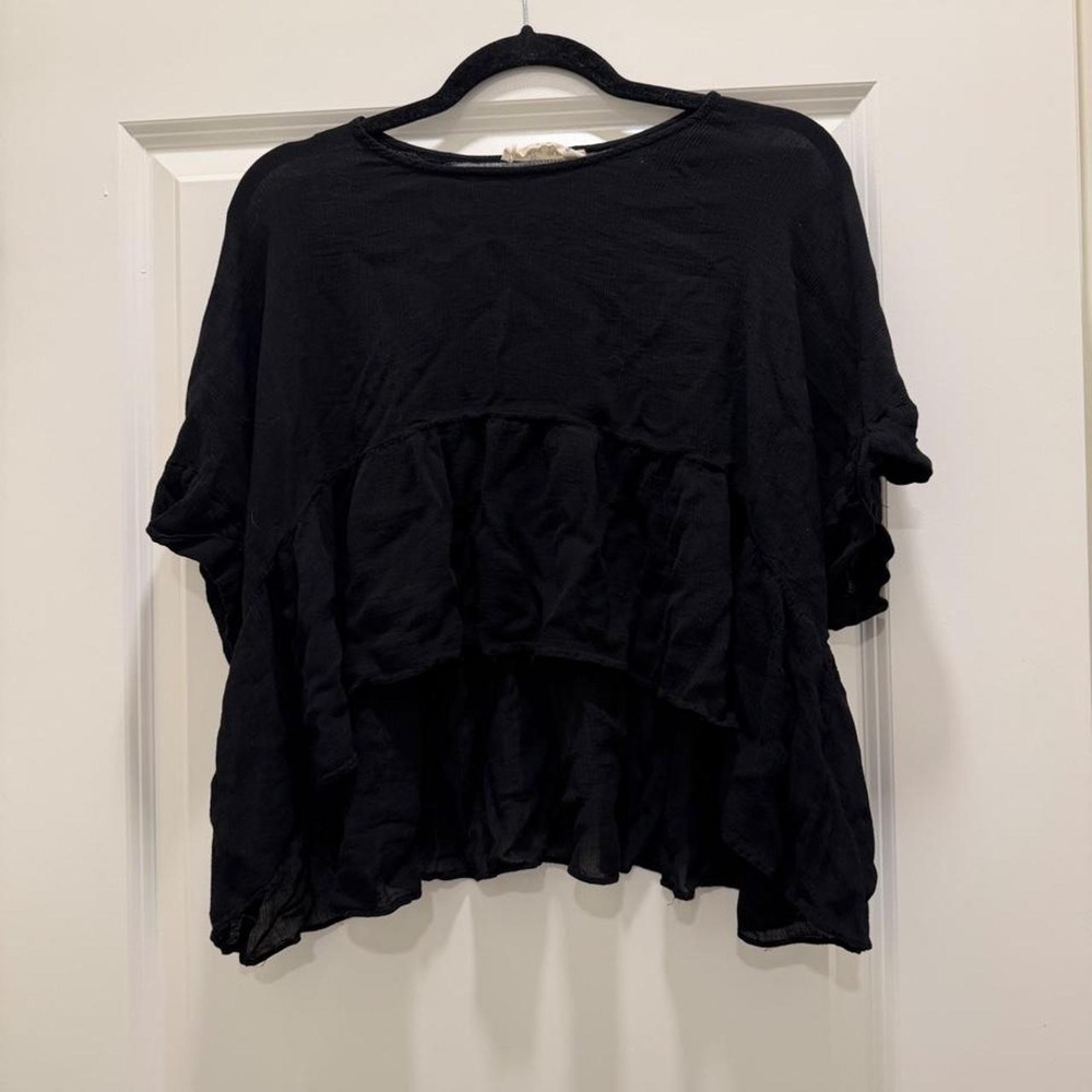 Molly Green Black Ruffle Cropped Gauze Top Short Sleeve Boho Blouse Small